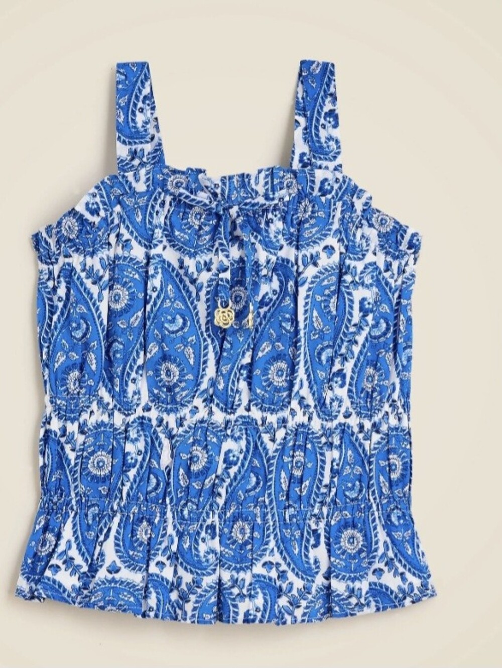J.Crew Girls' smocked ruffle-trim tank top in Paisley Blue Organic Cotton 6 BNWT